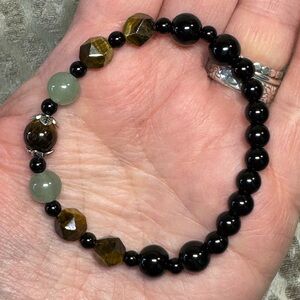New Jade, Tiger Eye & Black Jasper Crystal Gemstone Beaded Stretch Bracelet